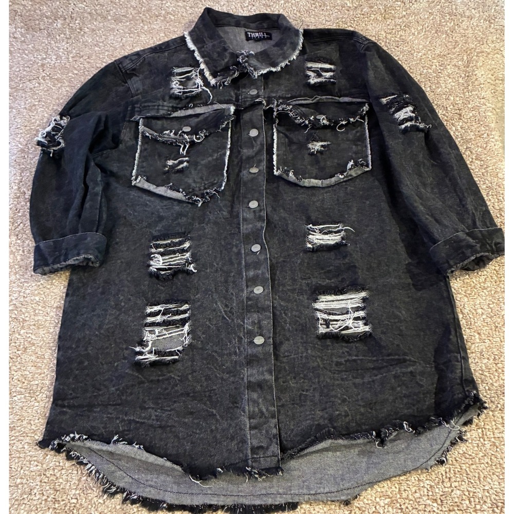 Thrill Jeans Denim Shacket 2X Black Distressed Acid Wash Longline Jacket